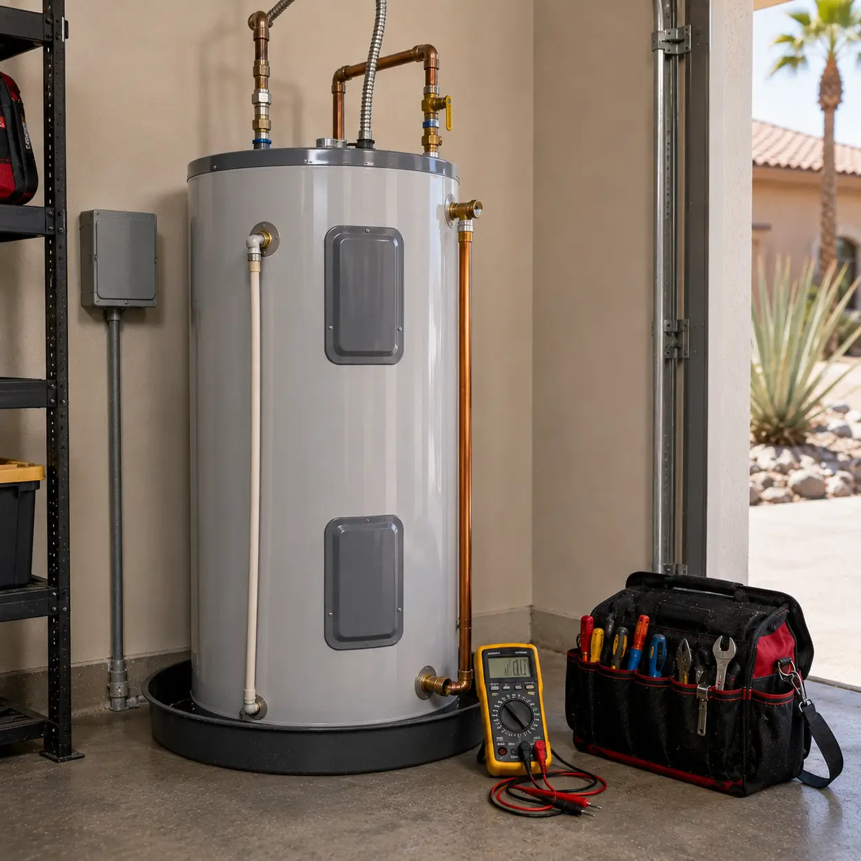 Multimeter beside an electric water heater's element access panels