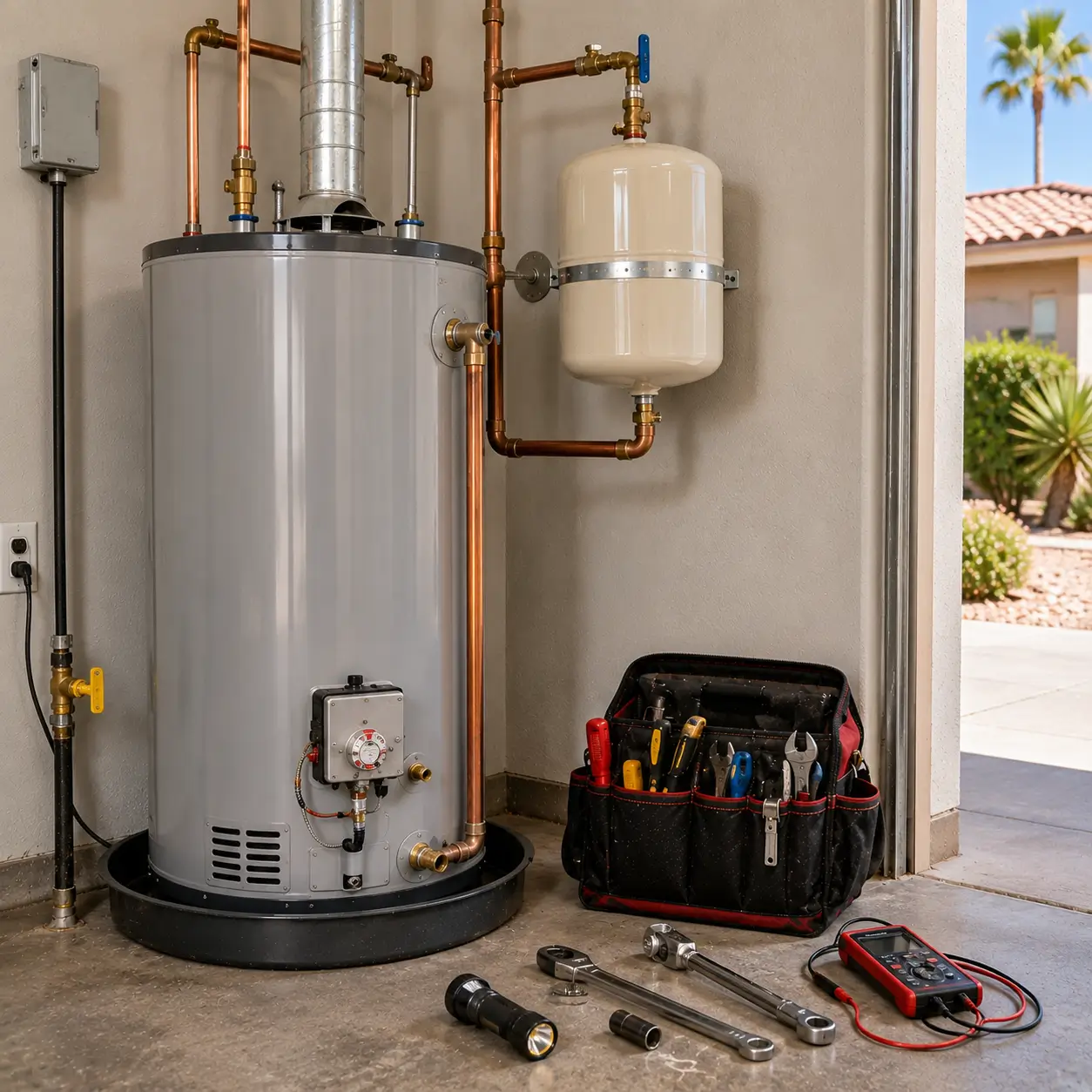 Gas control valve on a tank heater with tools laid out