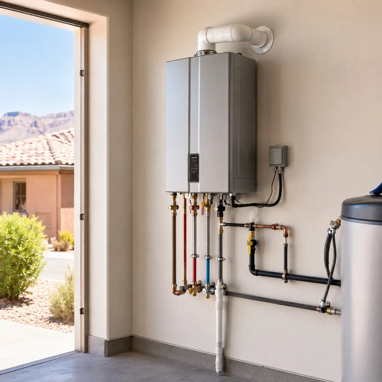 Wall-mounted tankless heater with vent and supply connections