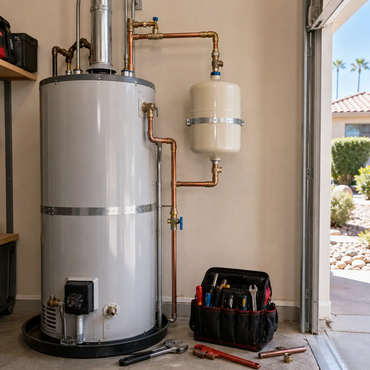Expansion tank mounted on copper above a water heater