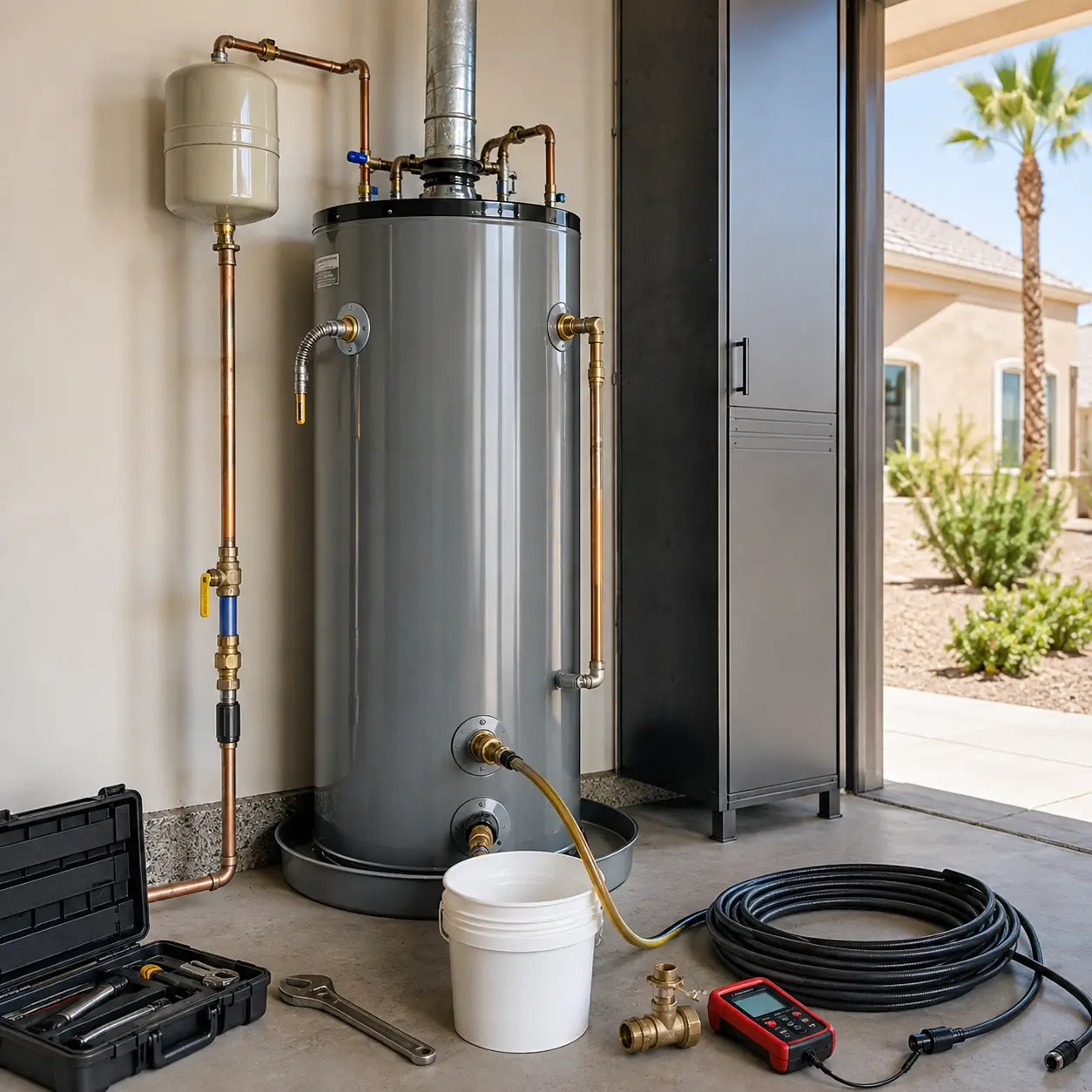 Drain hose running from a water heater into a bucket