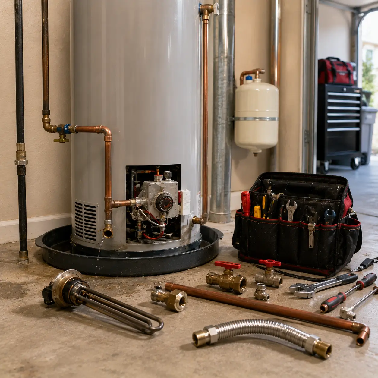 Burner assembly exposed on a water heater with parts laid out
