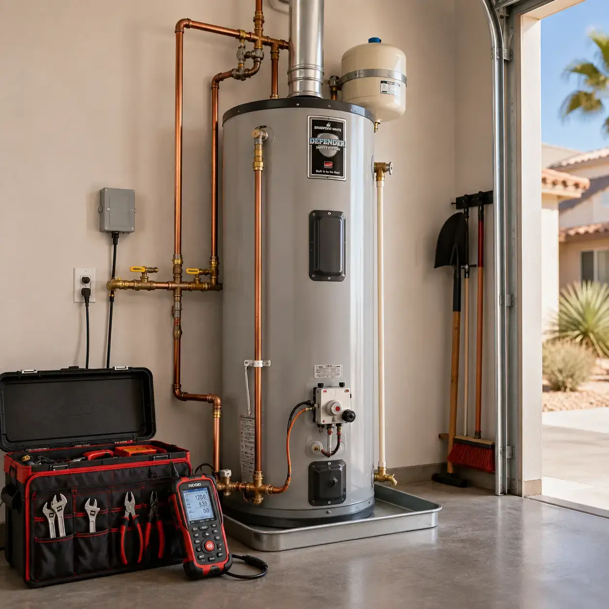 Tank water heater in a garage with a pan and gauge tool
