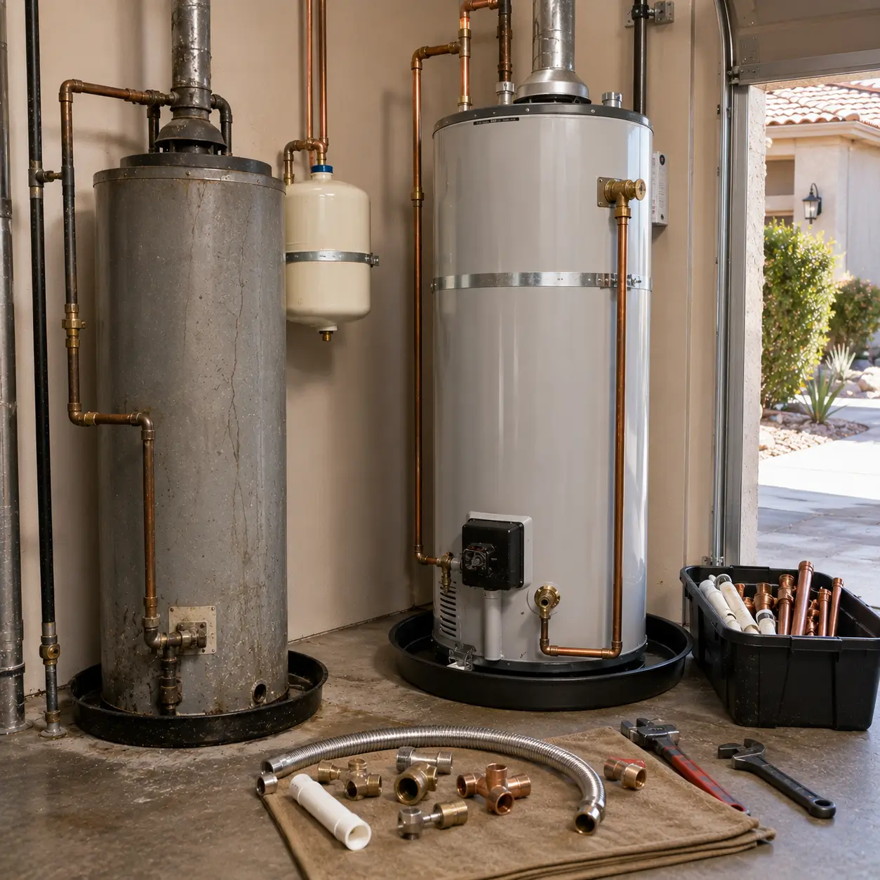 Old water heater beside its newly installed replacement