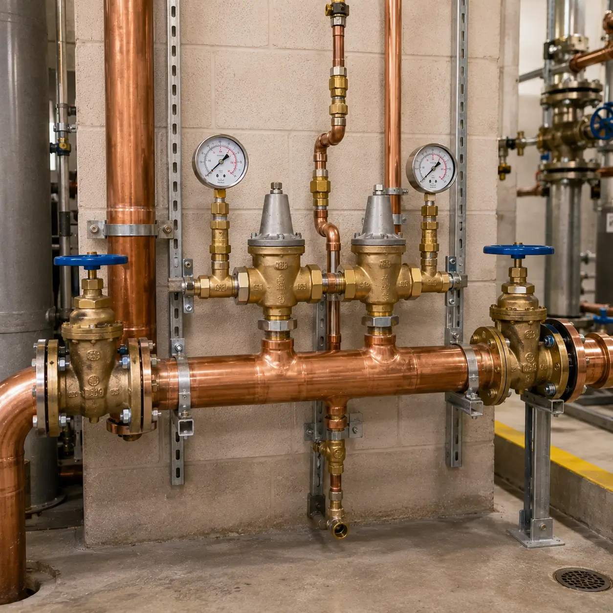 Two regulators in parallel on a large copper main indoors