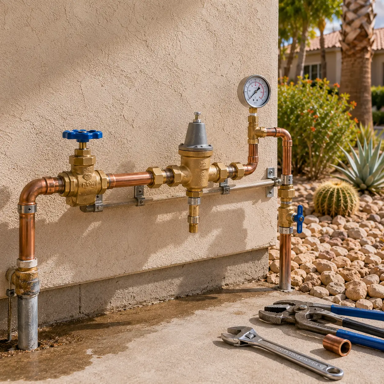Blue gate valve and regulator on a wall run with wet concrete