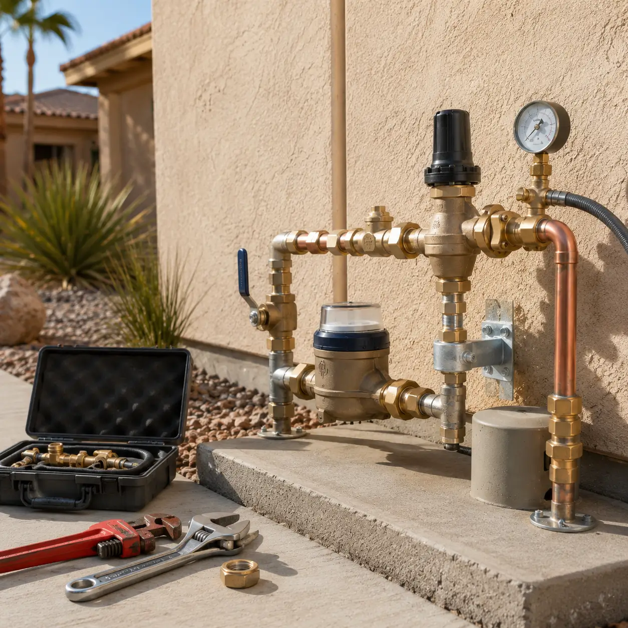 Meter and regulator assembly with a test fitting case open
