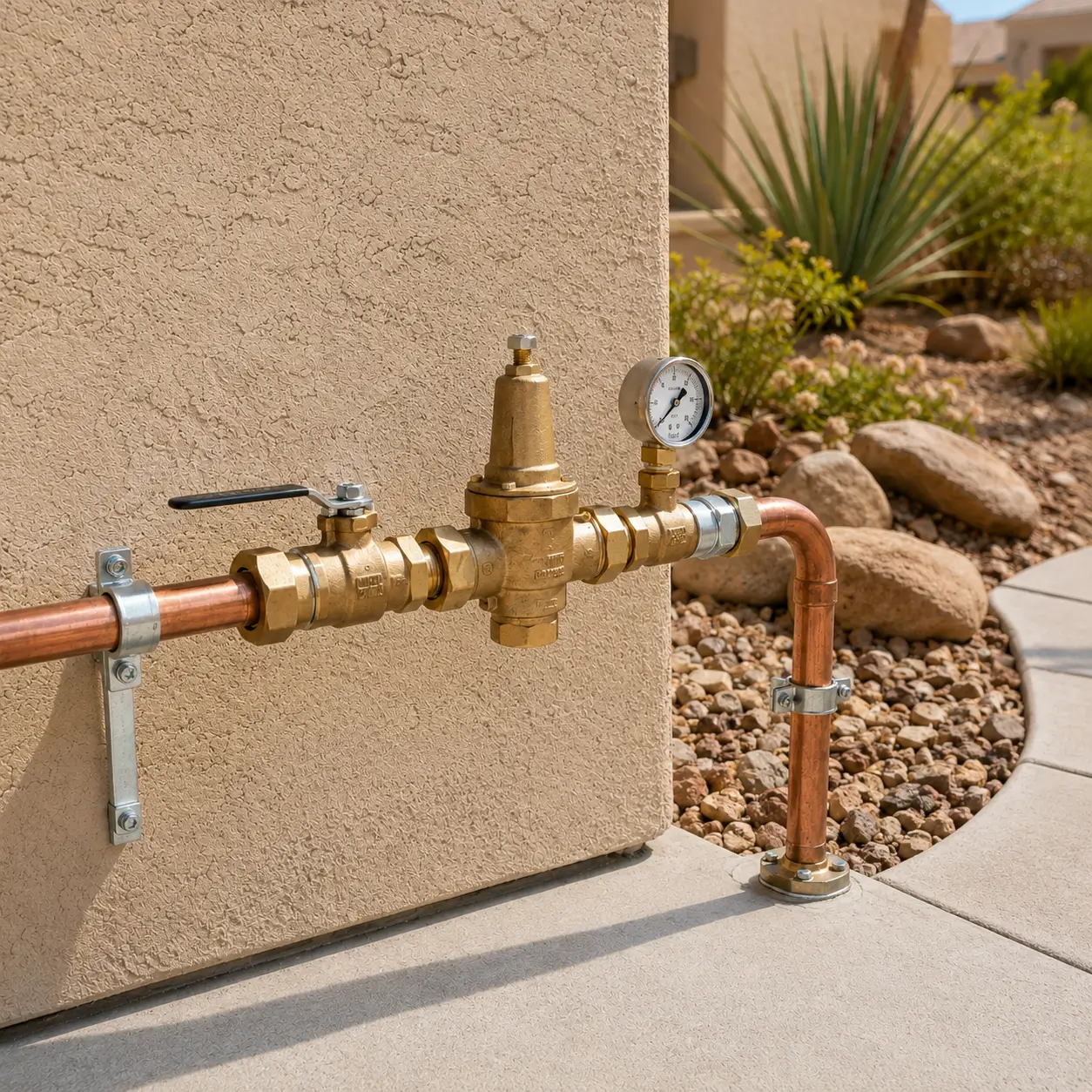 New brass regulator and gauge inline on copper at a wall