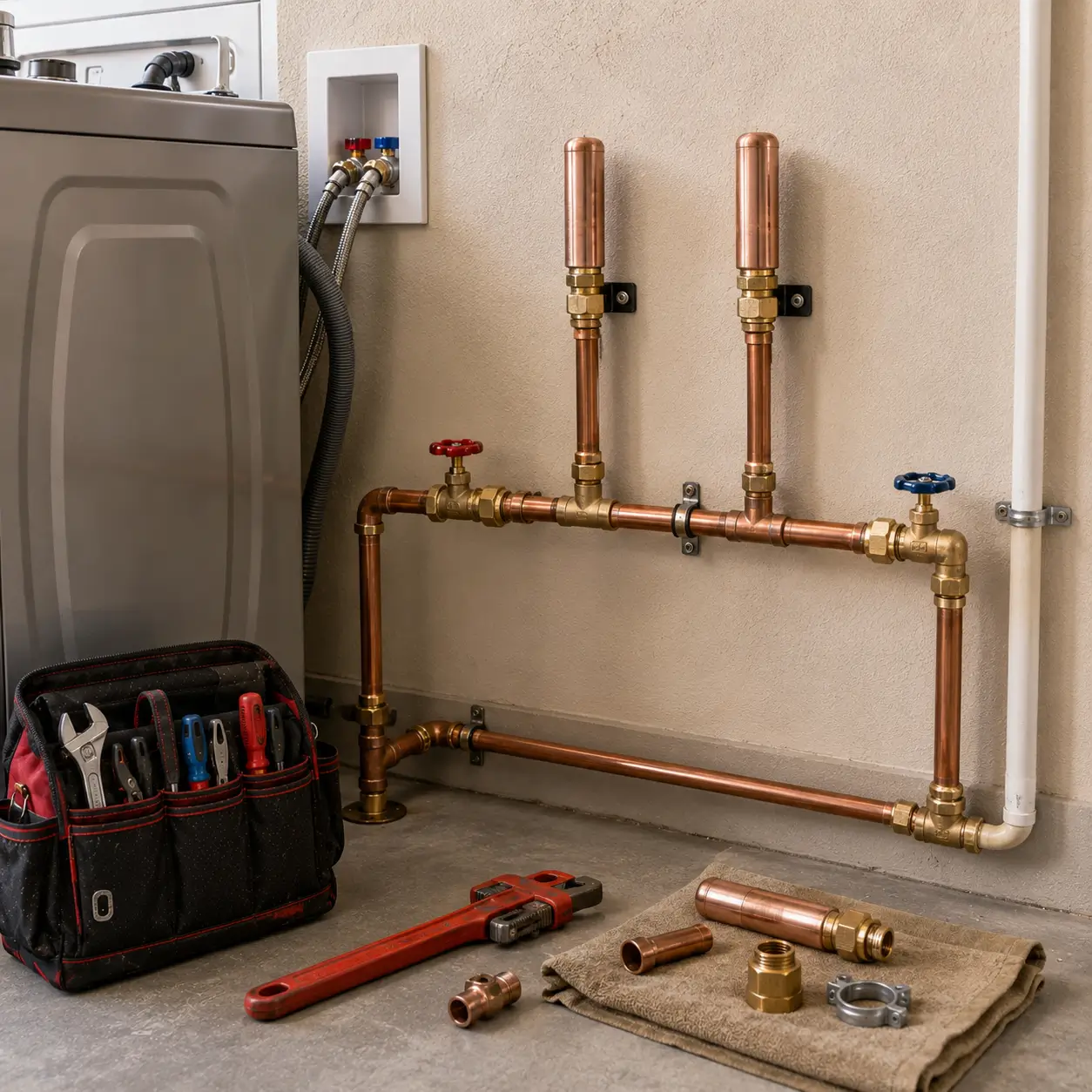 Two capped copper standpipes above a laundry washer box