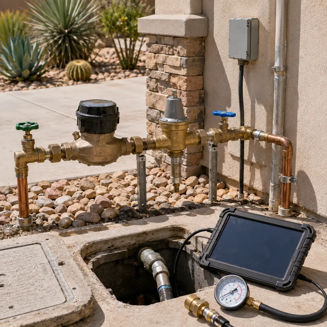 Tablet and gauge at an open in-ground meter box