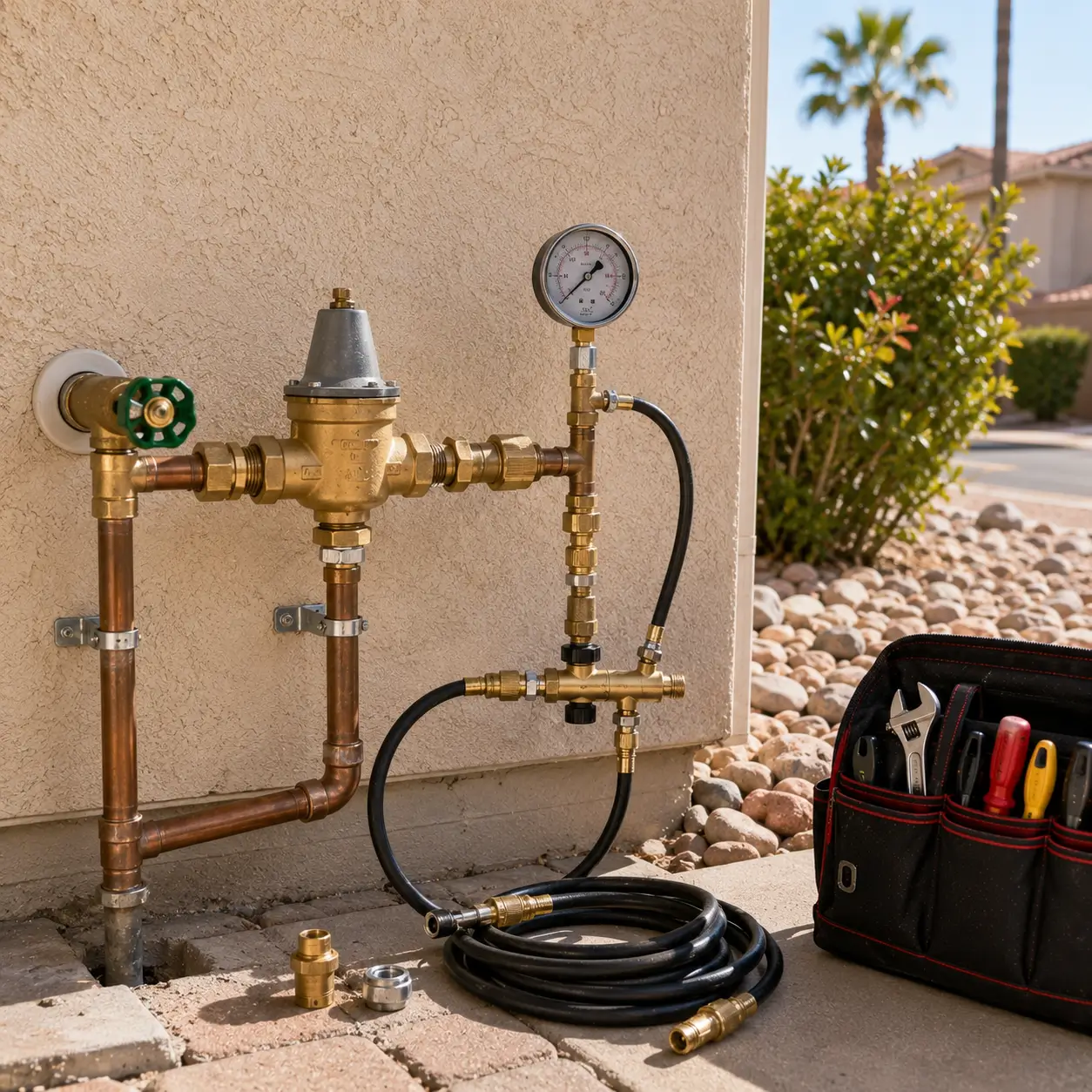 Test gauge and coiled hose teed into a regulator assembly