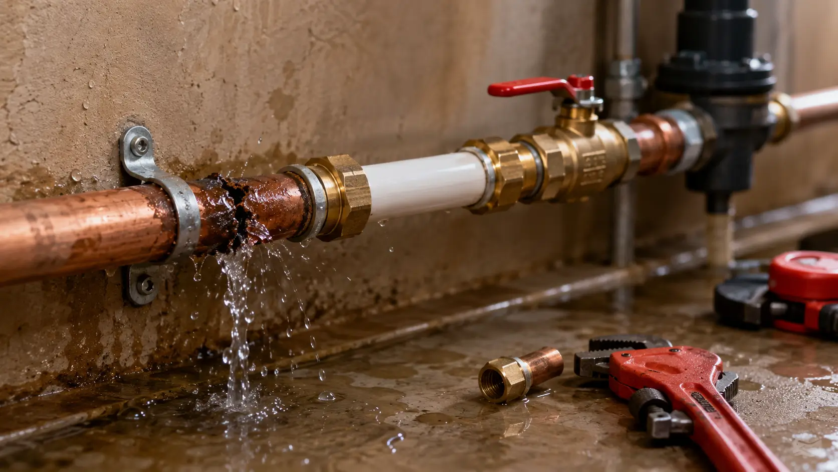 Split copper line flooding the floor with a coupling ready