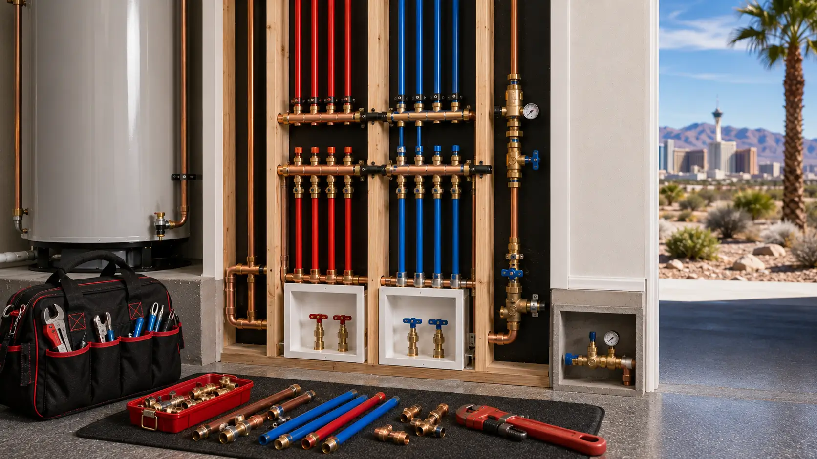 Red and blue PEX manifolds on an open stud wall