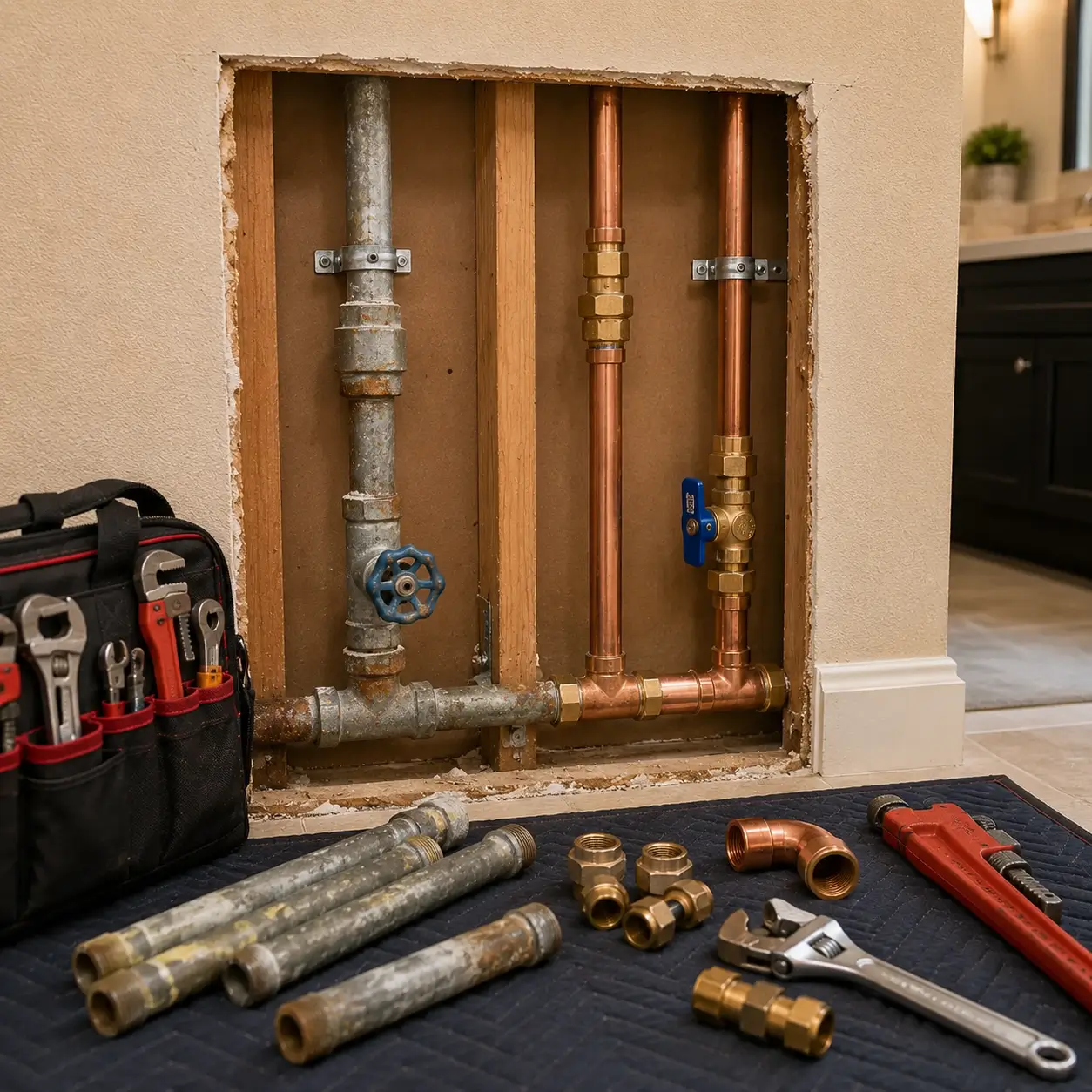 Rusted galvanized pipe beside new copper in a wall opening