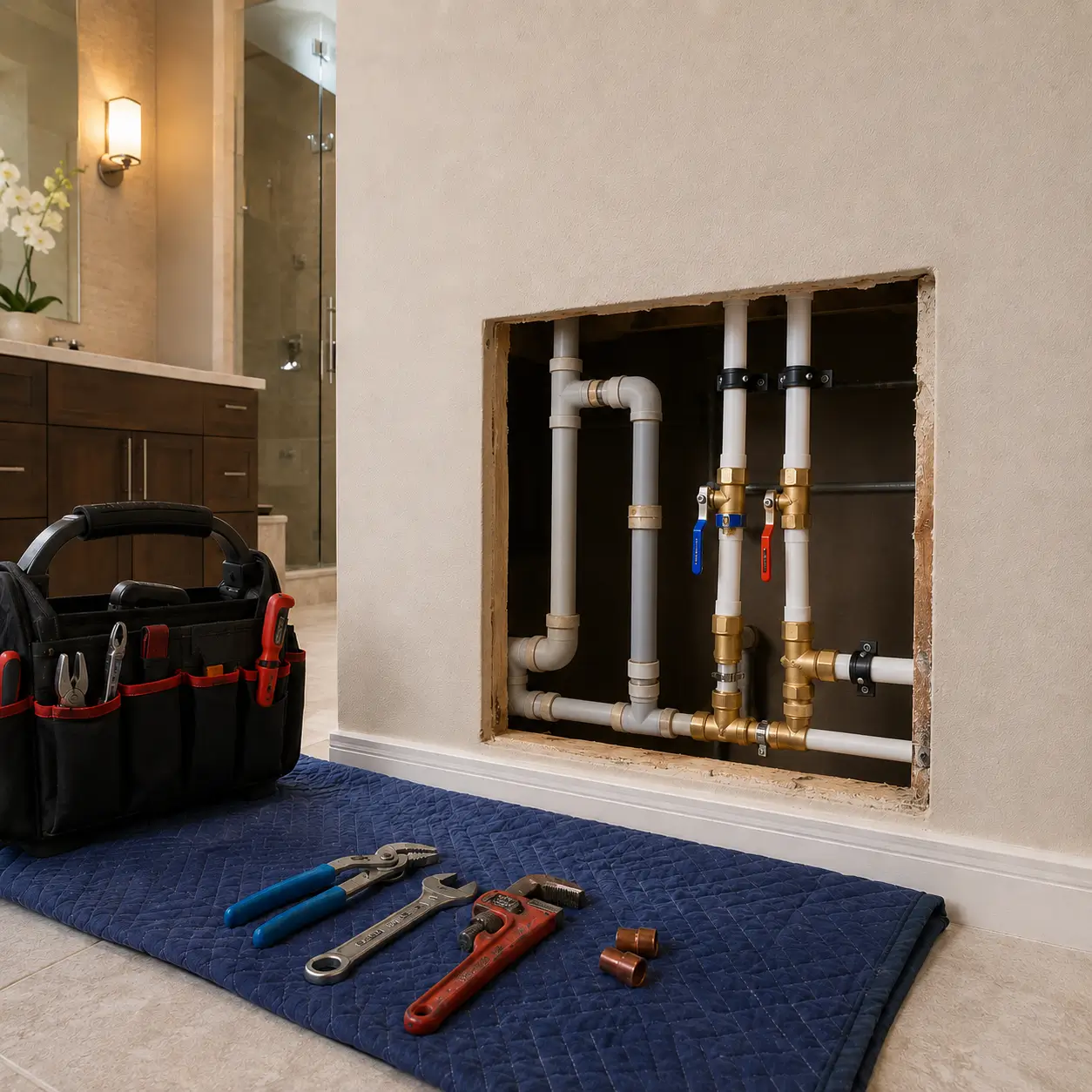 Gray polybutylene lines with brass fittings in a wall opening