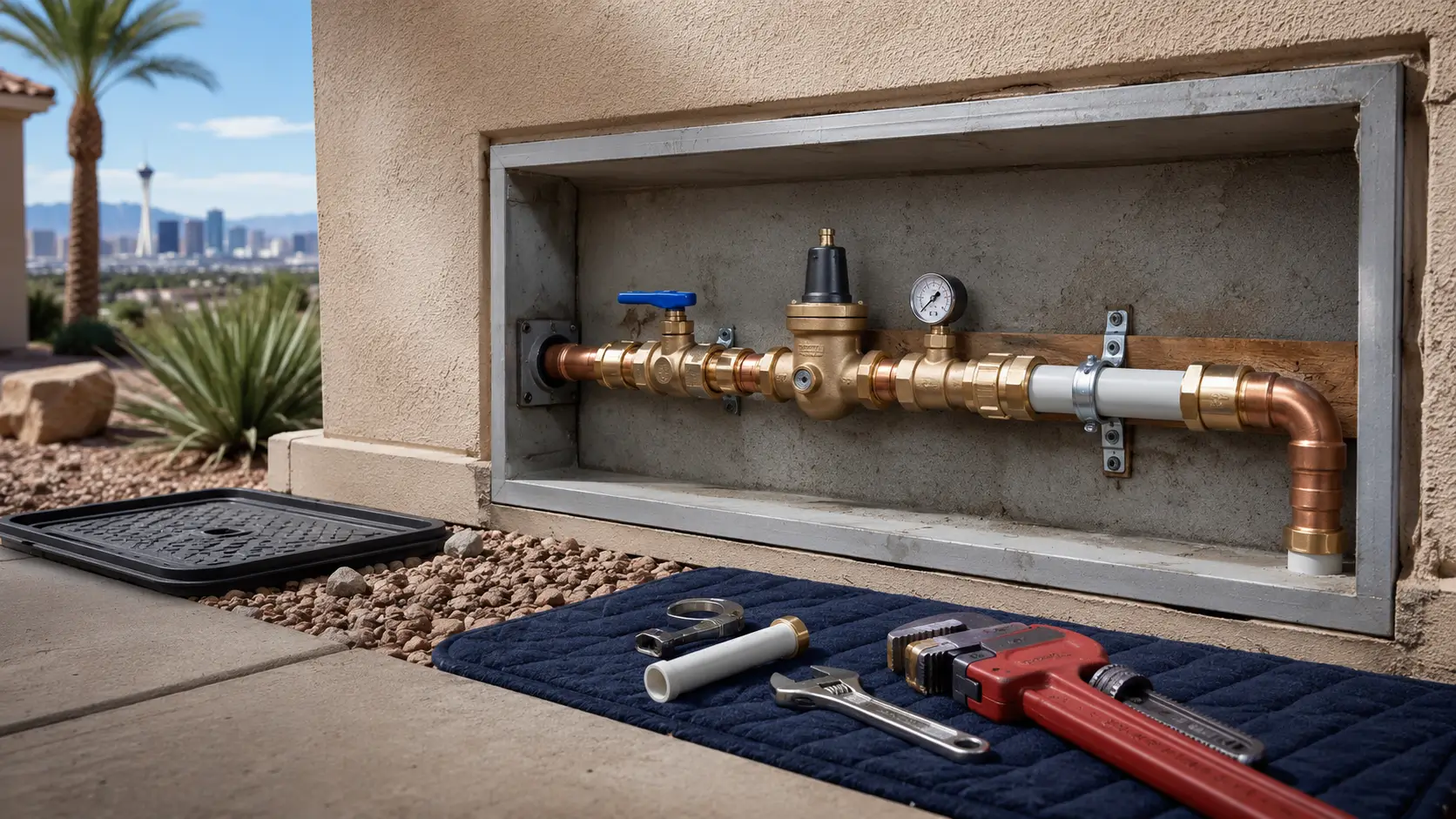 Main shutoff and regulator inside a recessed wall box