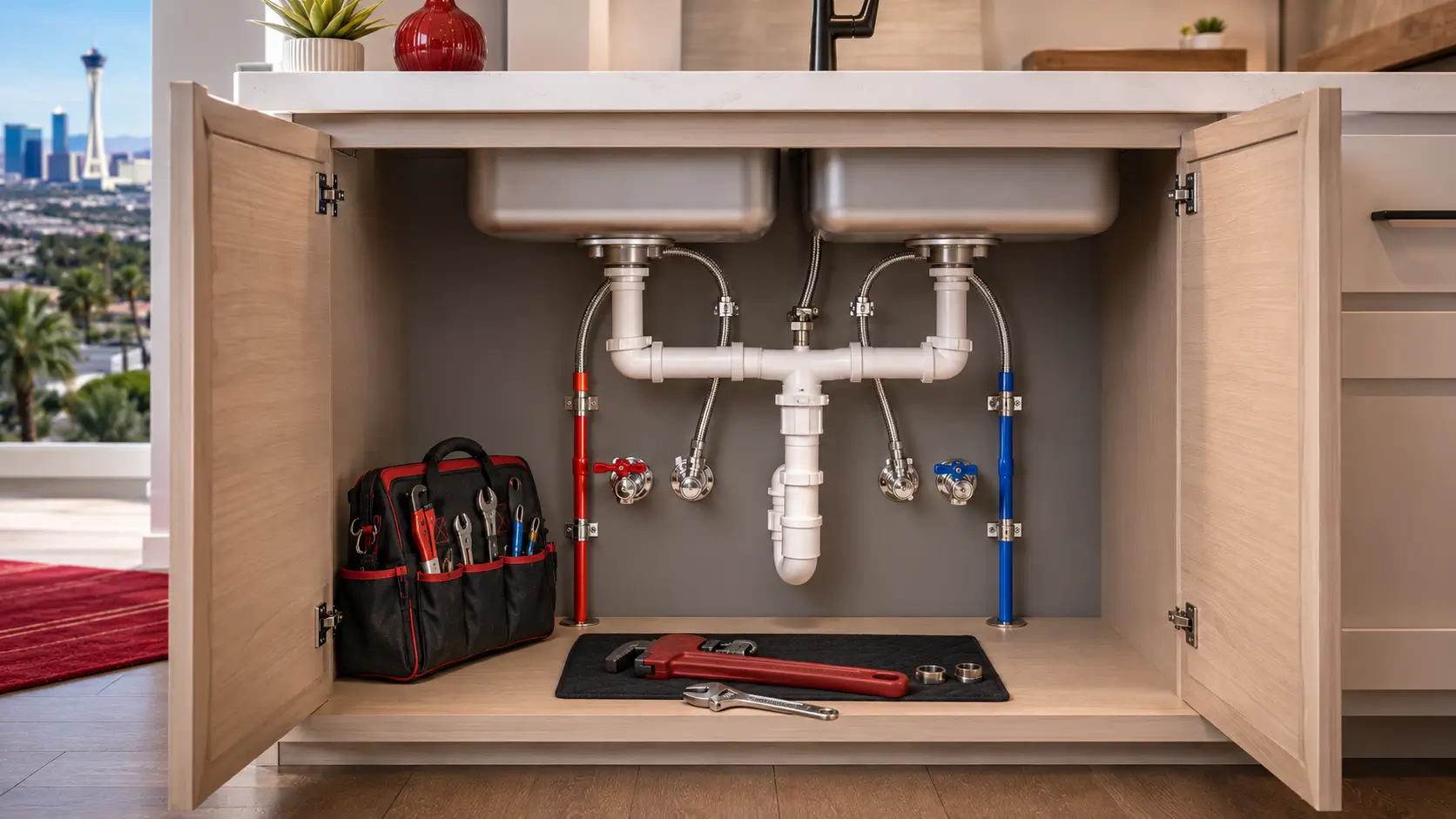 Red and blue risers feeding angle stops under a double sink